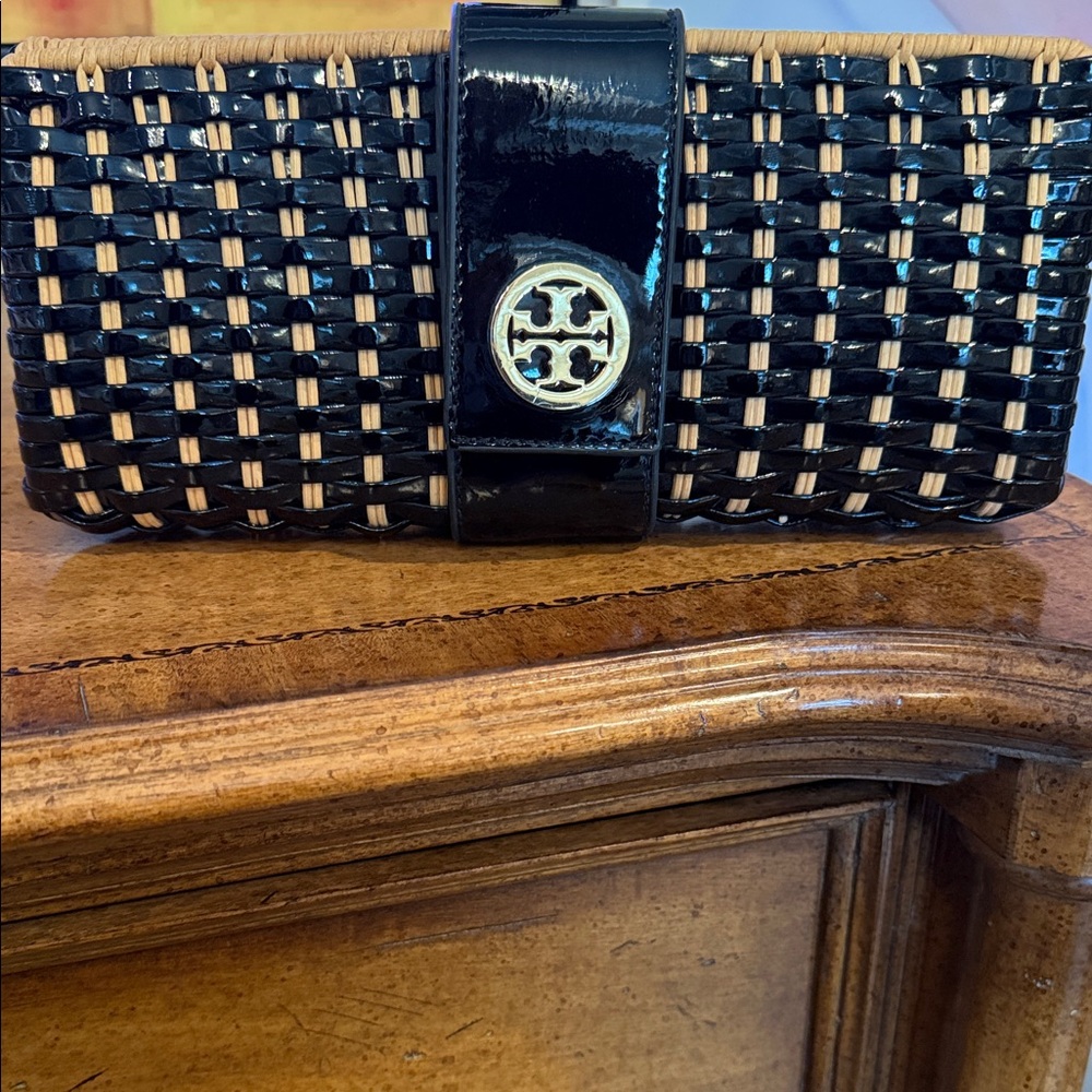 Tory Burch Black and Tan Woven Clutch
